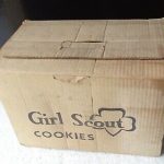 an old cardboard box with the word Girl Scout printed on the side