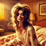 An AI image of a woman in 1968 waking up hungover in her bed, in a sunny bedroom.