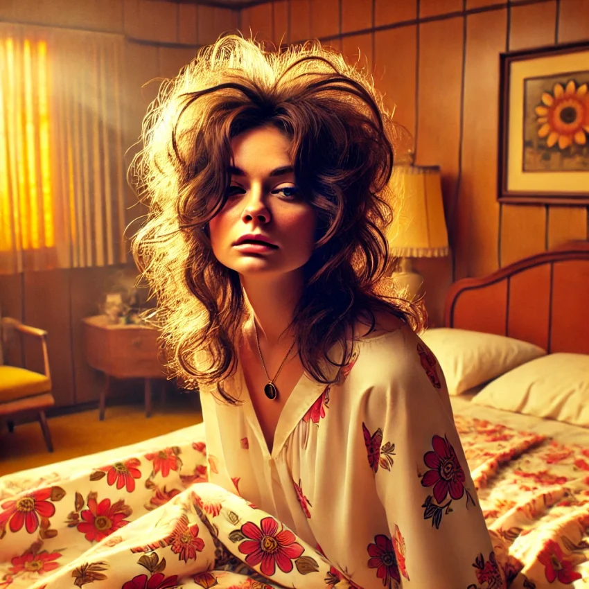 An AI image of a woman in 1968 waking up hungover in her bed, in a sunny bedroom.